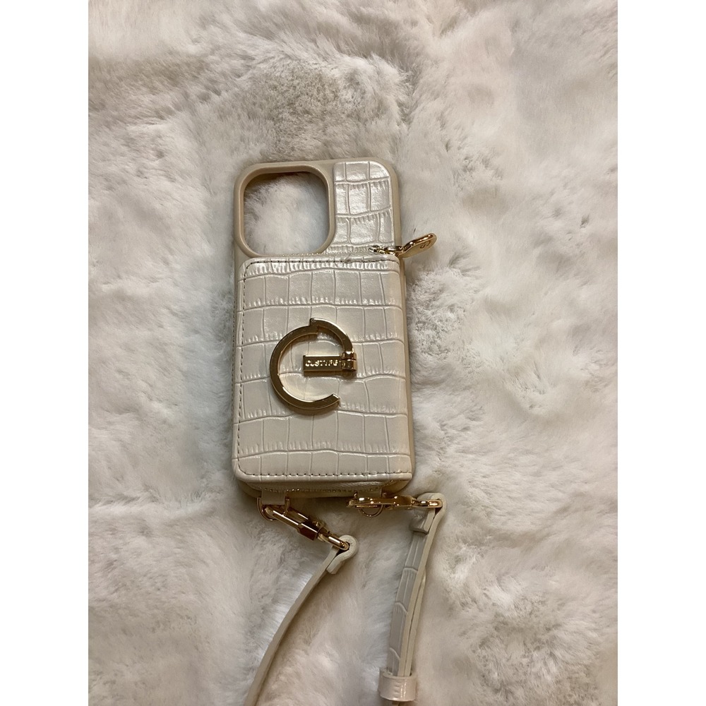 GUESS Croc Embossed Phone Case Wallet Crossbody Strap Gold Logo‎ Ivory